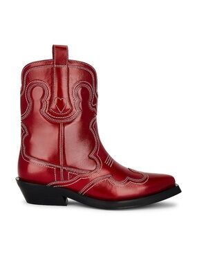 Ganni Low Embroidered Western Leather Pointy Cowboy Boots Barbados Cherry Red